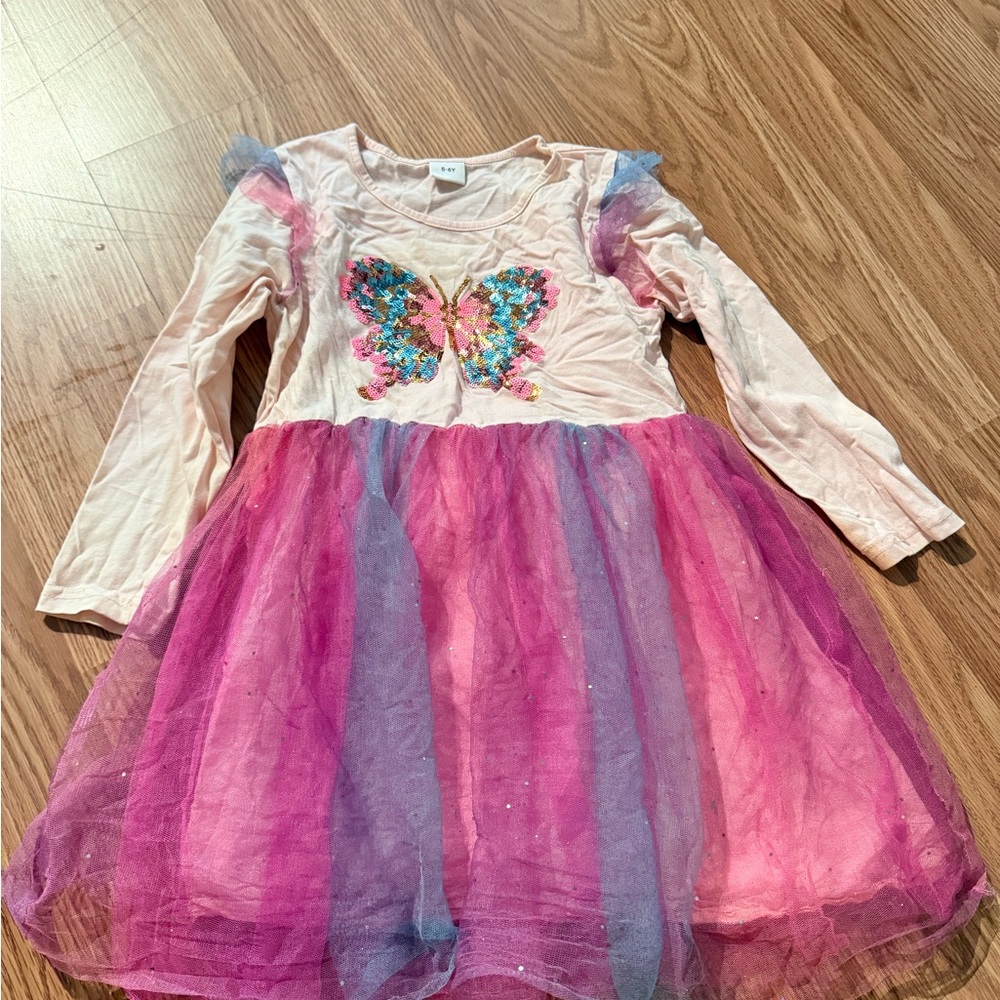 Girls Pink & Purple Sequin Butterfly Tulle Dress